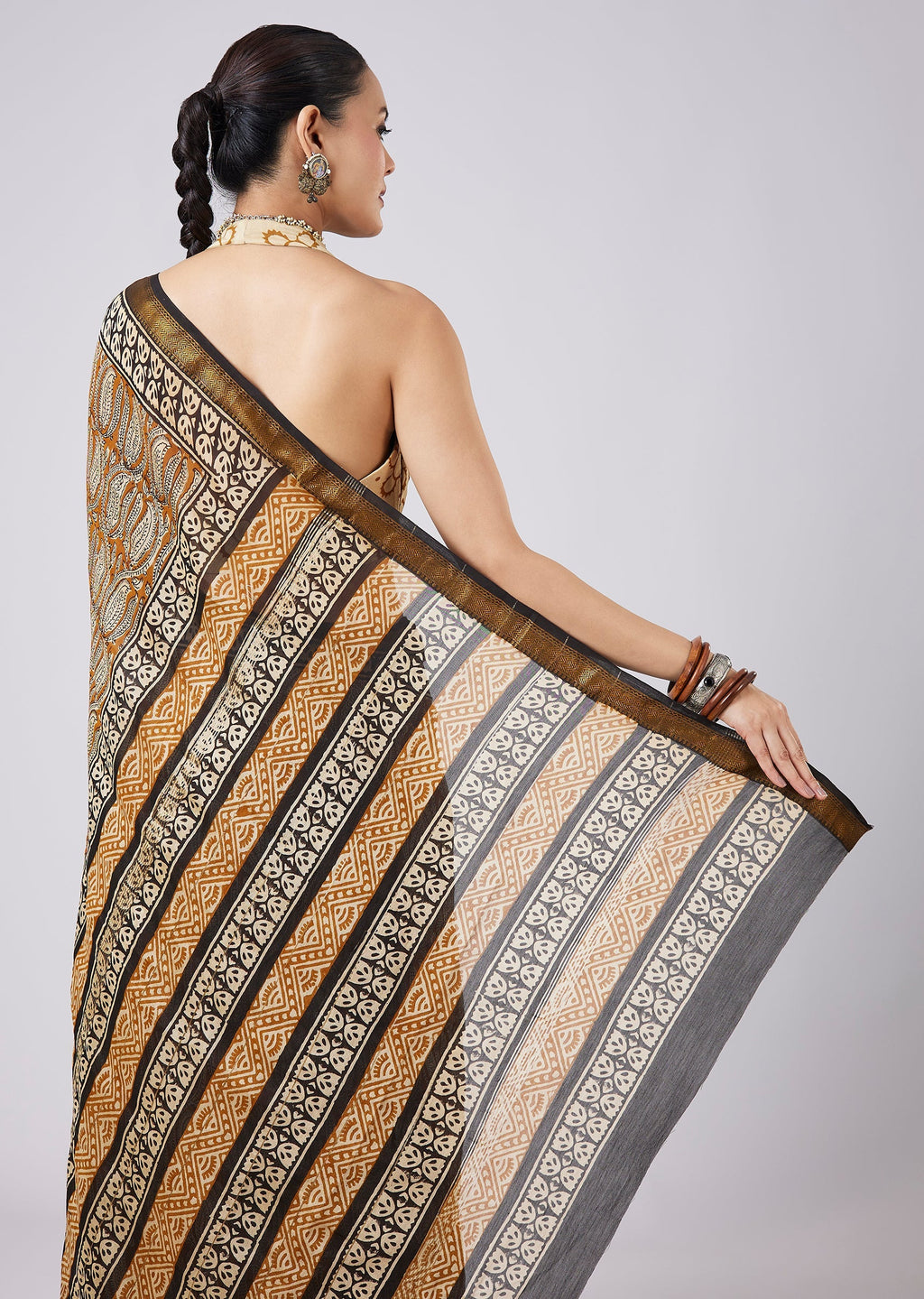 Brown Block Printed Motif Saree with Unstitched Blouse