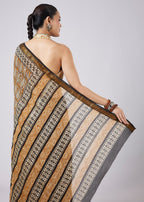 Brown Block Printed Motif Saree with Unstitched Blouse