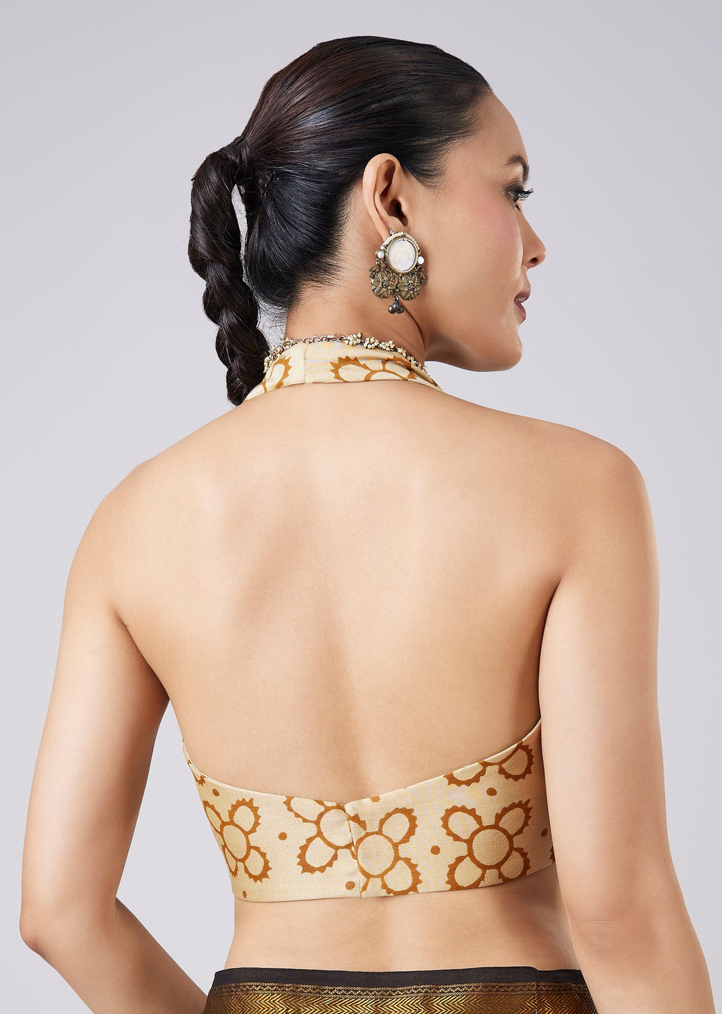 Brown Block Printed Motif Saree with Unstitched Blouse