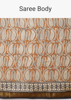 Brown Block Printed Motif Saree with Unstitched Blouse