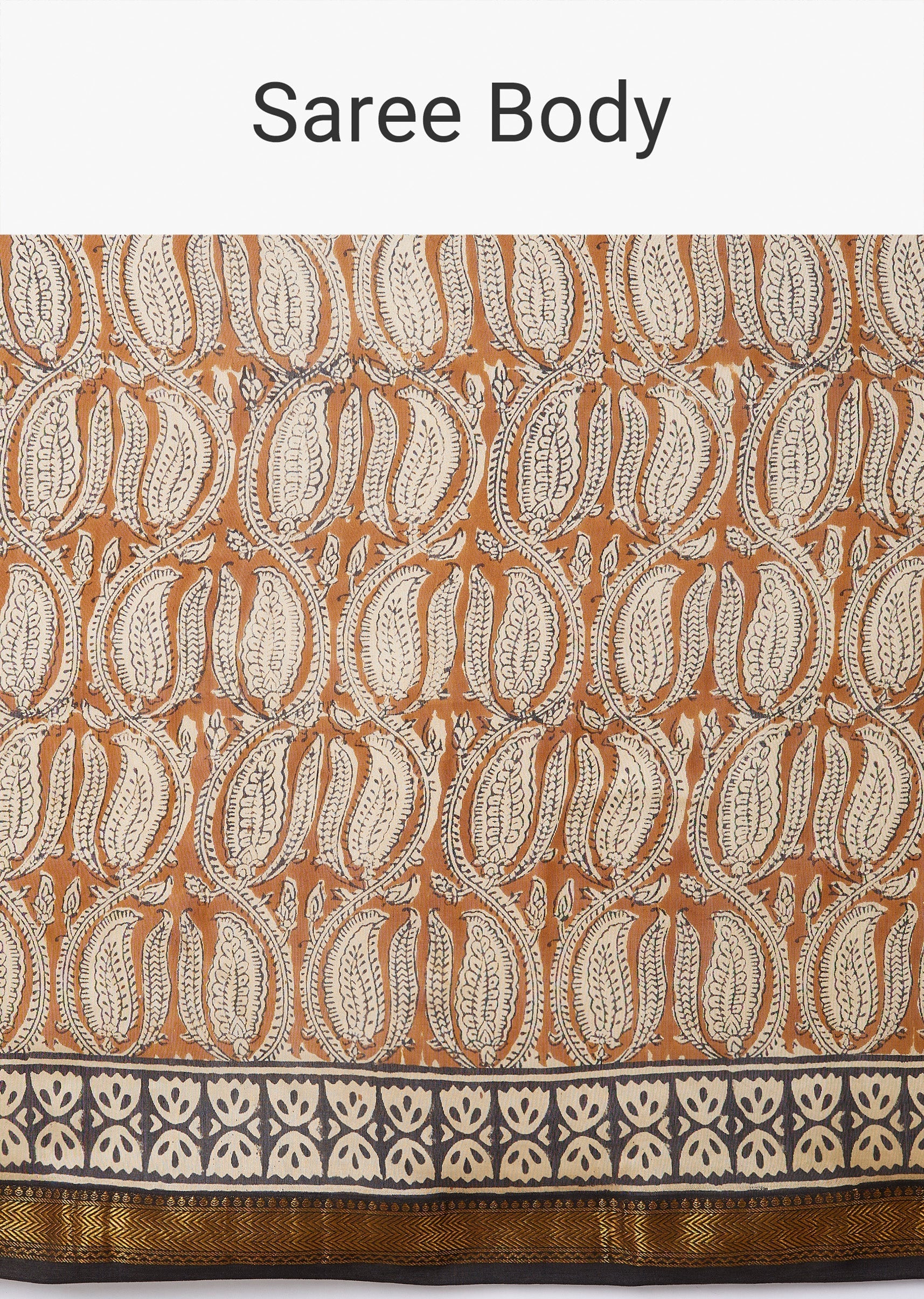 Brown Block Printed Motif Saree with Unstitched Blouse