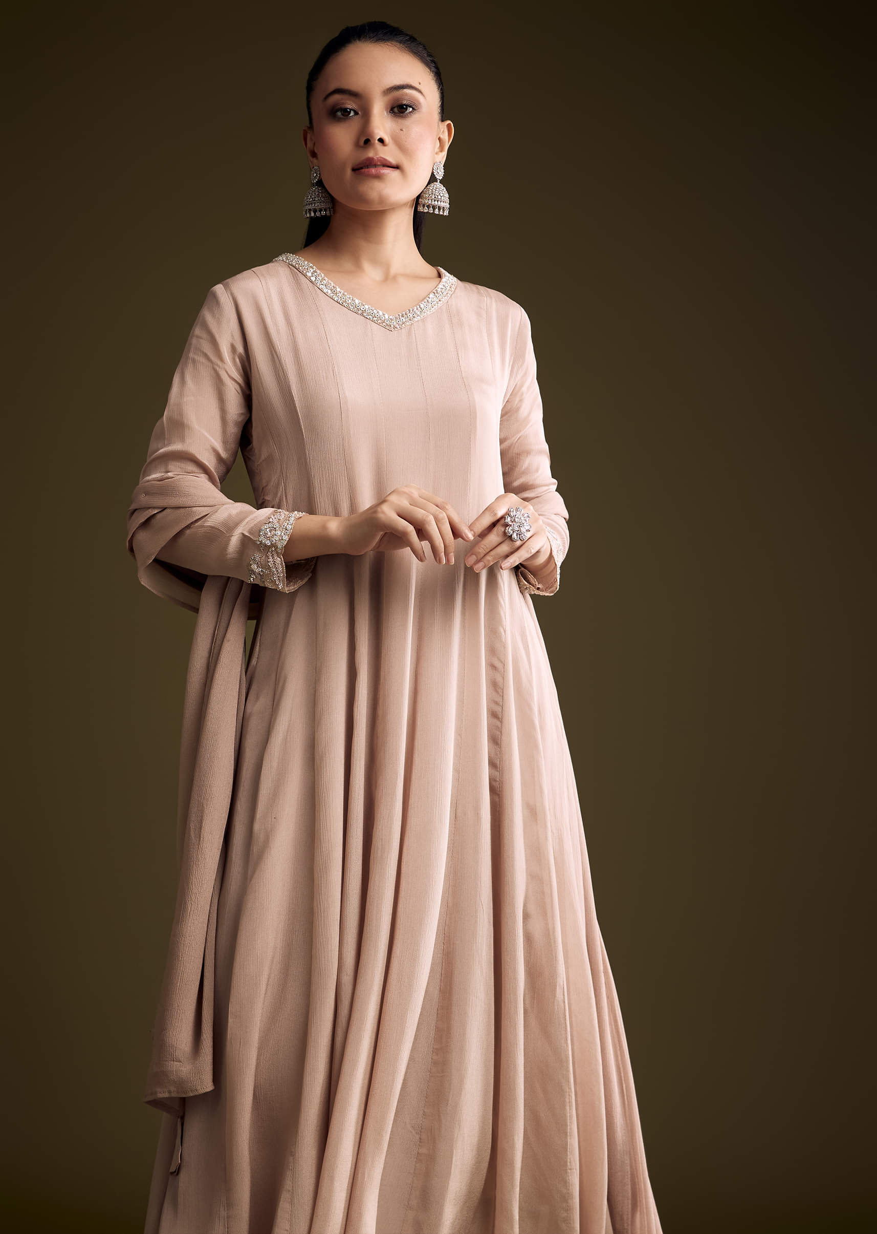 Brown Chinon Anarkali Suit With Sequin Embroidery