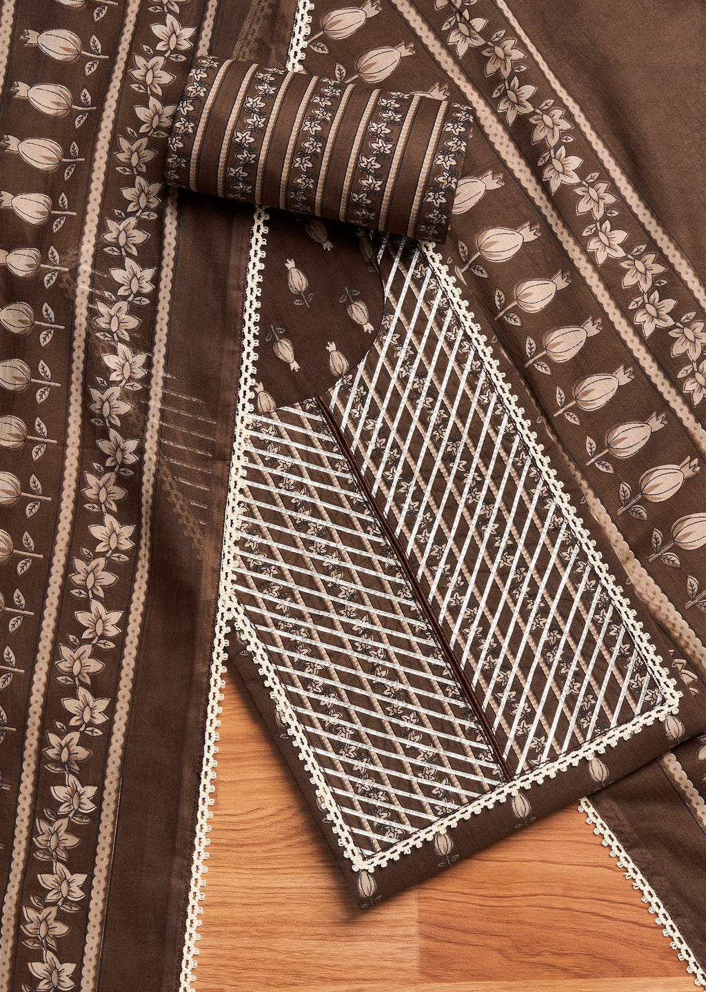 Brown Cotton Printed Unstitched Suit Set With Dupatta