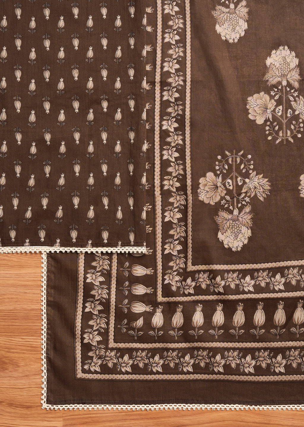 Brown Cotton Printed Unstitched Suit Set With Dupatta