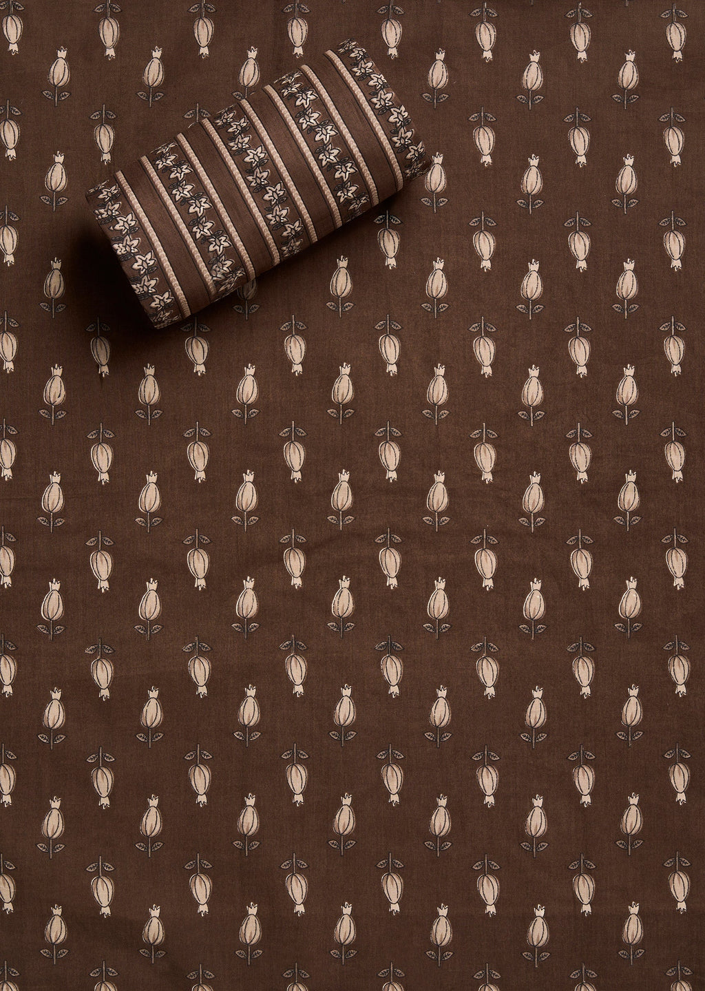 Brown Cotton Printed Unstitched Suit Set With Dupatta