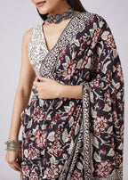 Brown Floral Hand Painted Saree with Blouse