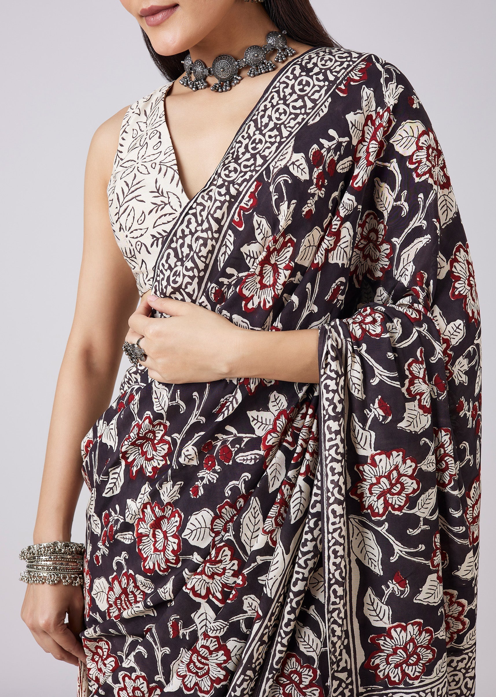 Brown Floral Hand Painted Saree with Blouse