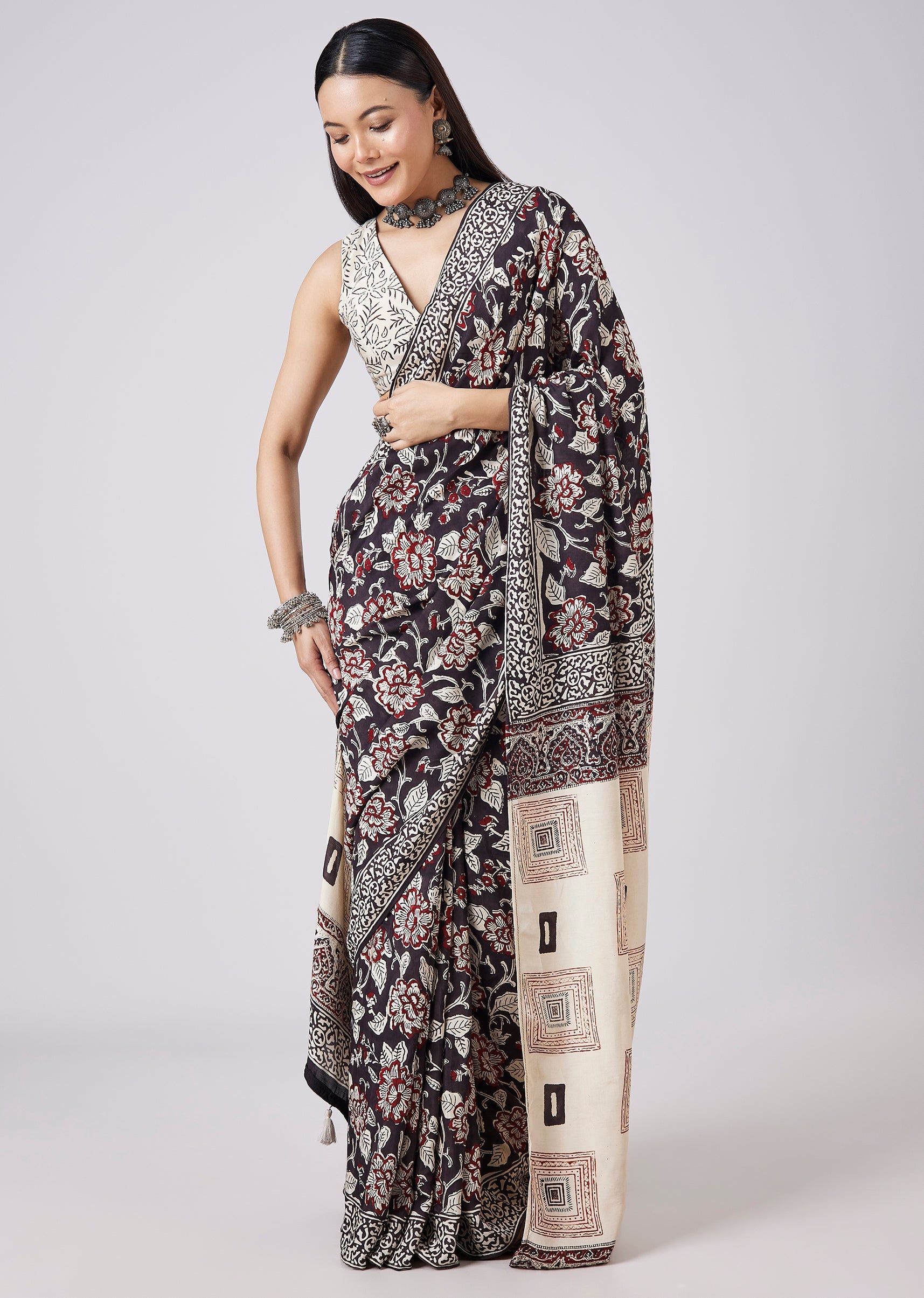 Brown Floral Hand Painted Saree with Blouse