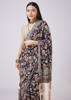 Brown Floral Hand Painted Saree with Blouse