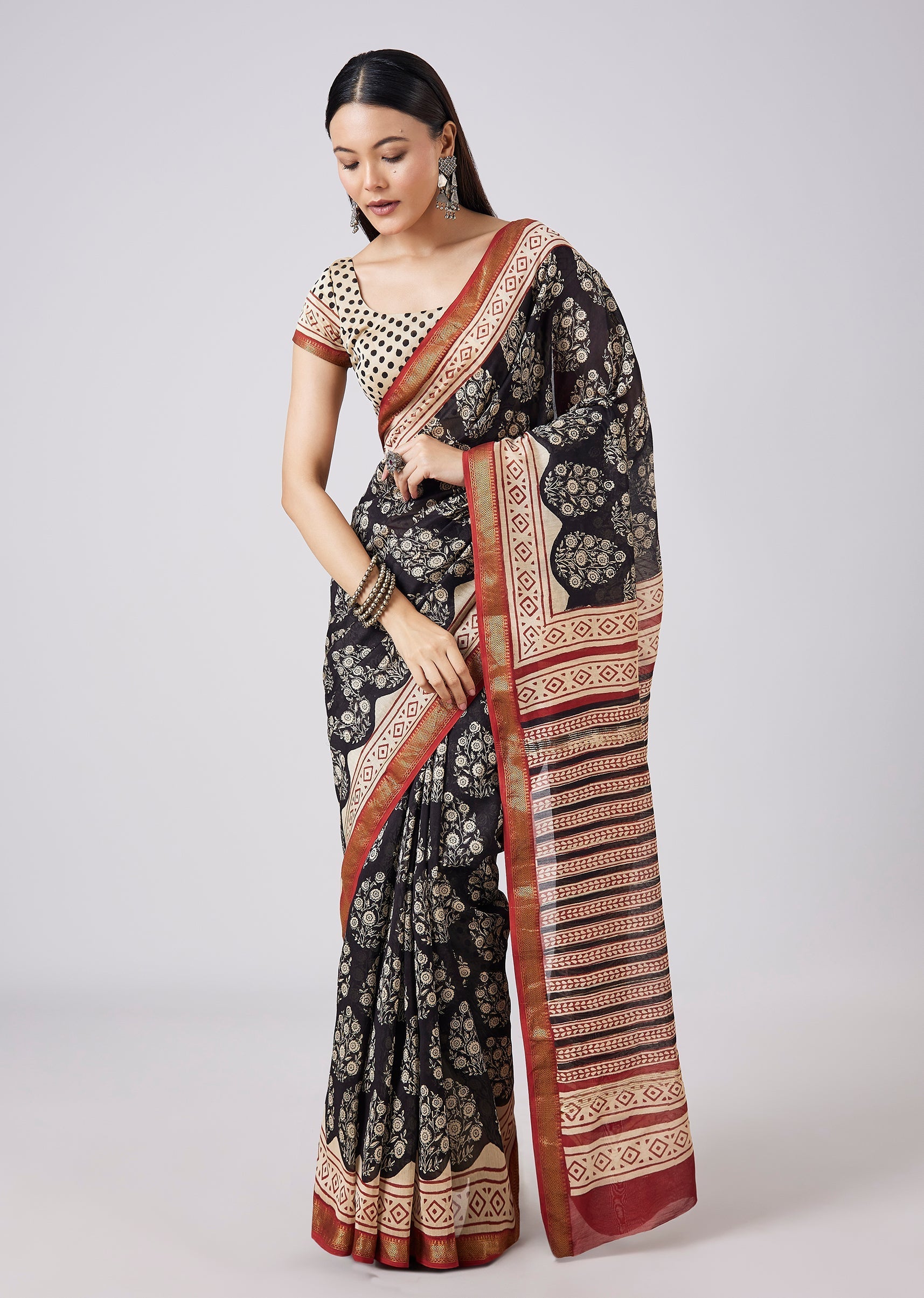 Brown Hand Painted Floral Motif Saree with Blouse