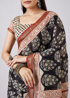 Brown Hand Painted Floral Motif Saree with Blouse