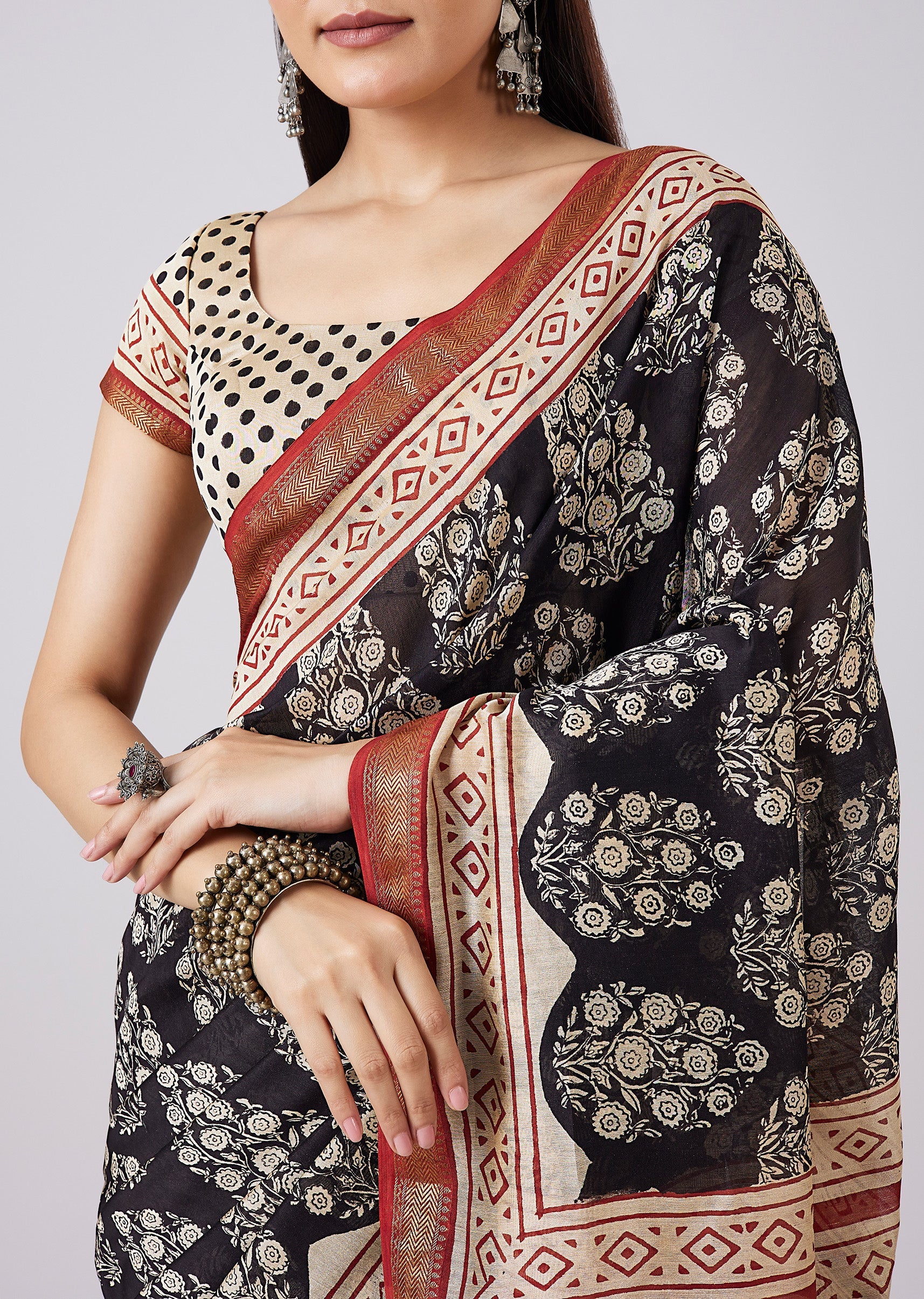 Brown Hand Painted Floral Motif Saree with Blouse
