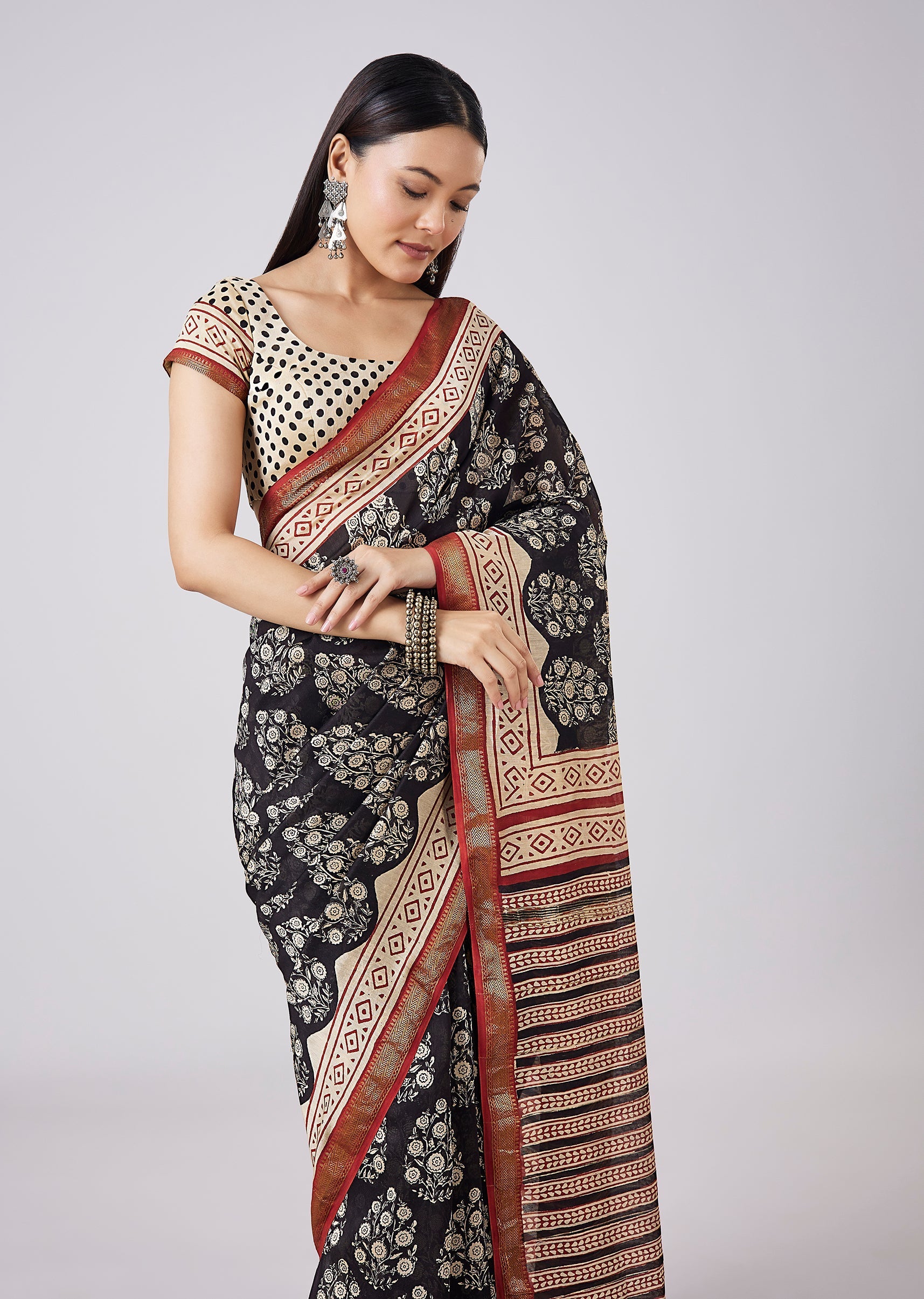 Brown Hand Painted Floral Motif Saree with Blouse
