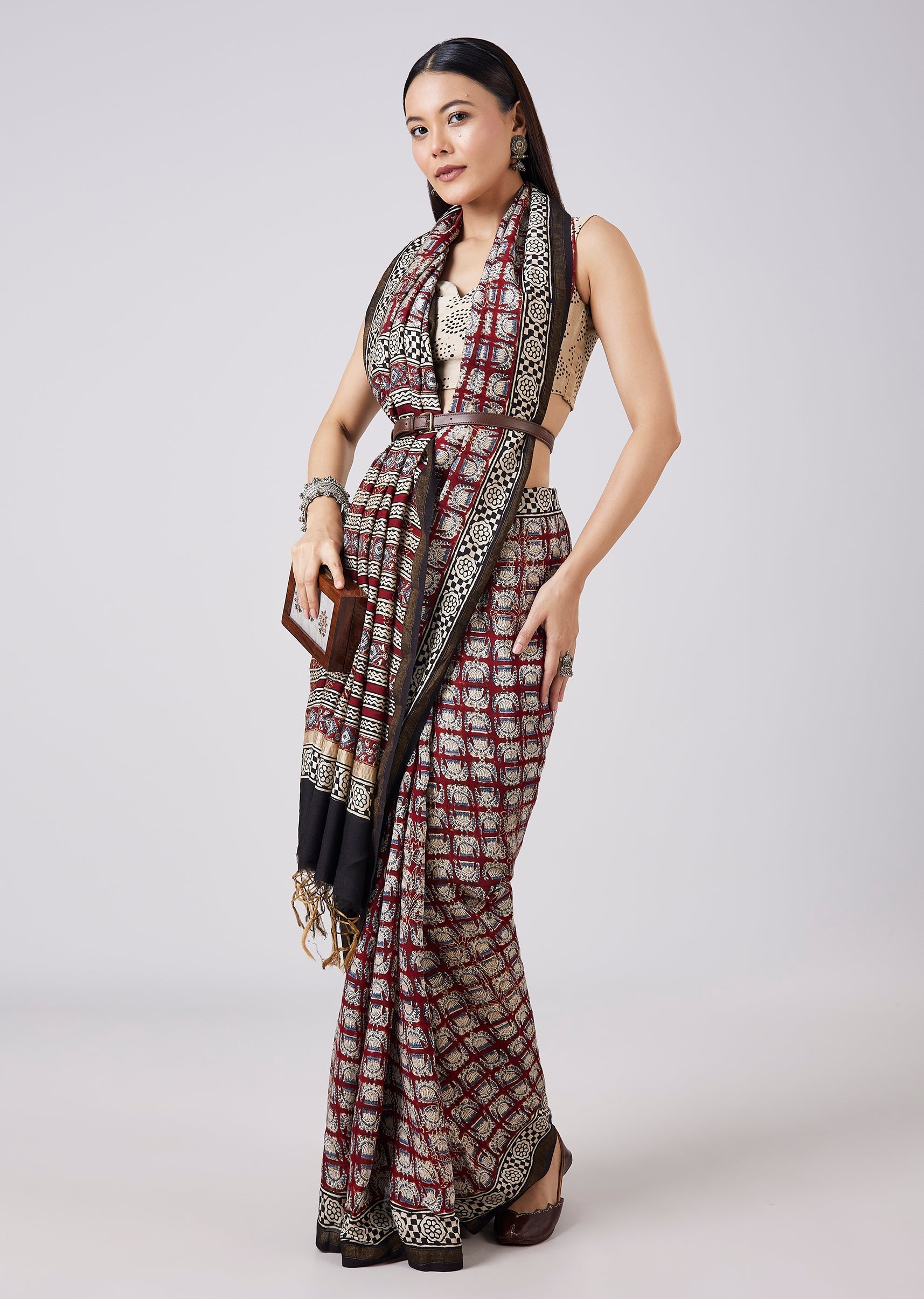 Brown Hand Painted Motif Saree with Blouse