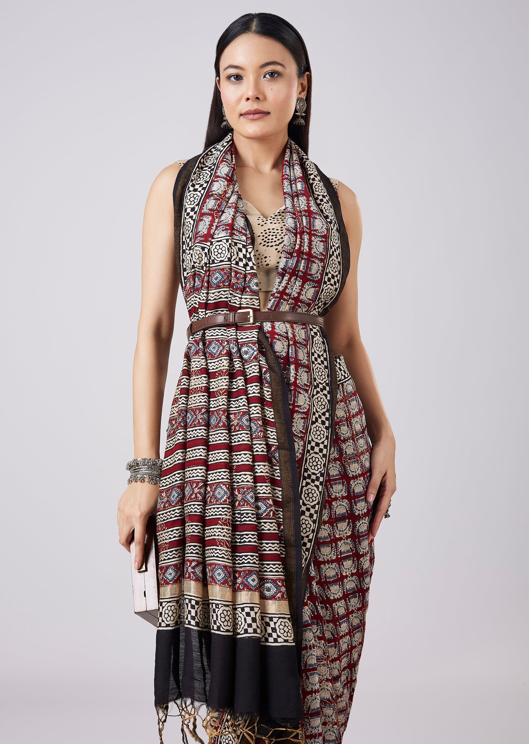 Brown Hand Painted Motif Saree with Blouse