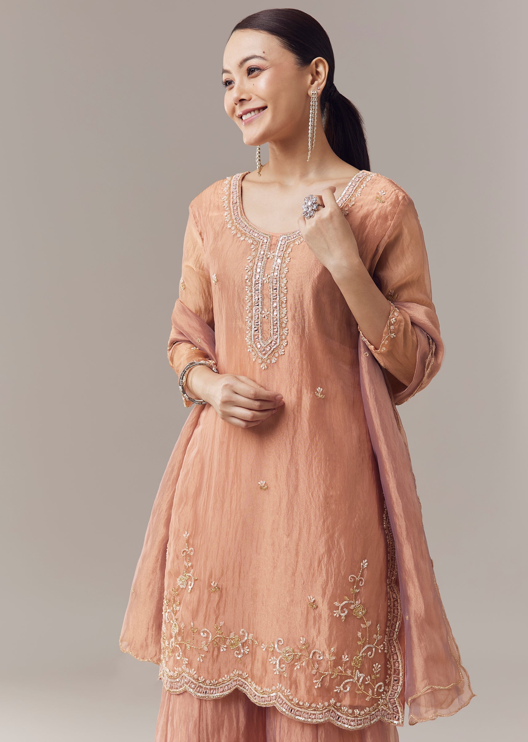 Brown Pakistani Style Palazzo Suit With Pastel Embroidery And Dupatta