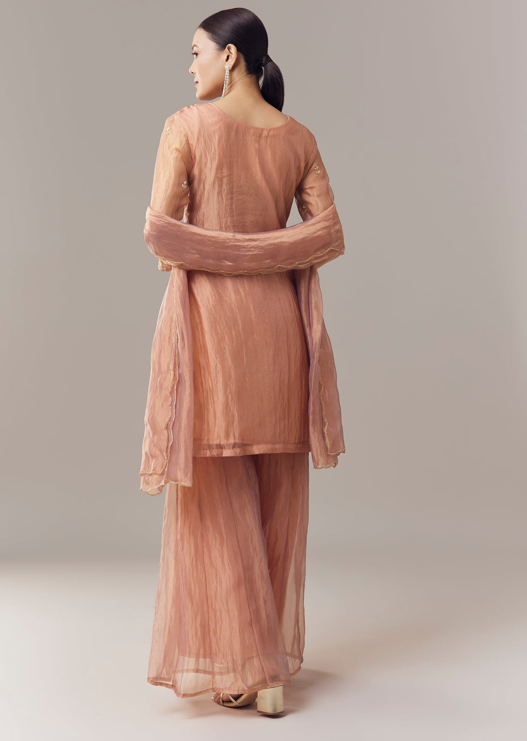 Brown Pakistani Style Palazzo Suit With Pastel Embroidery And Dupatta