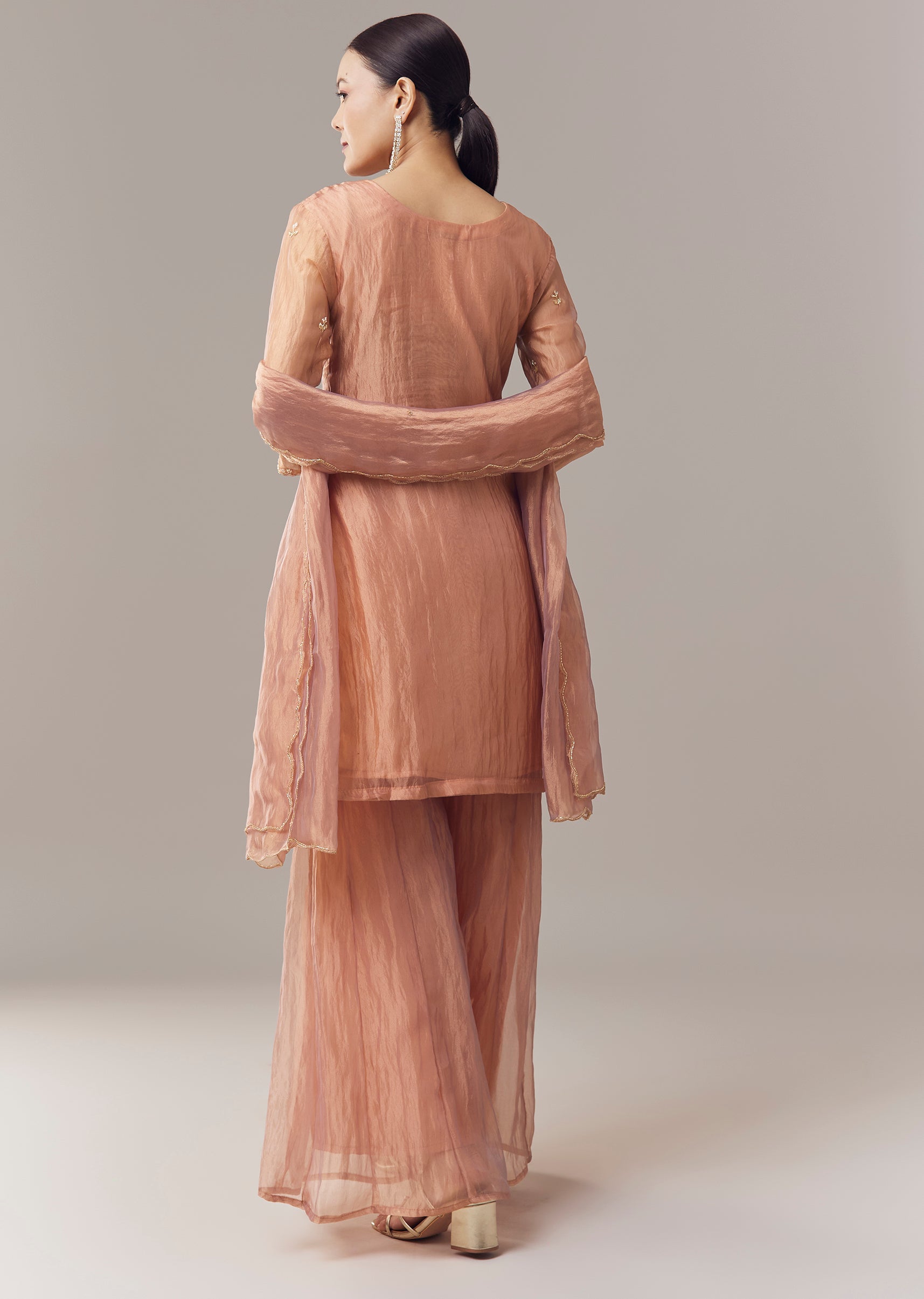 Brown Pakistani Style Palazzo Suit With Pastel Embroidery And Dupatta