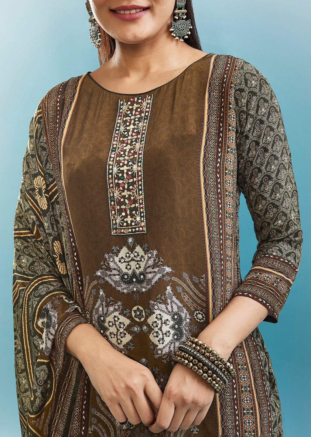 Brown Printed Kurta Set With Mirror Detailing
