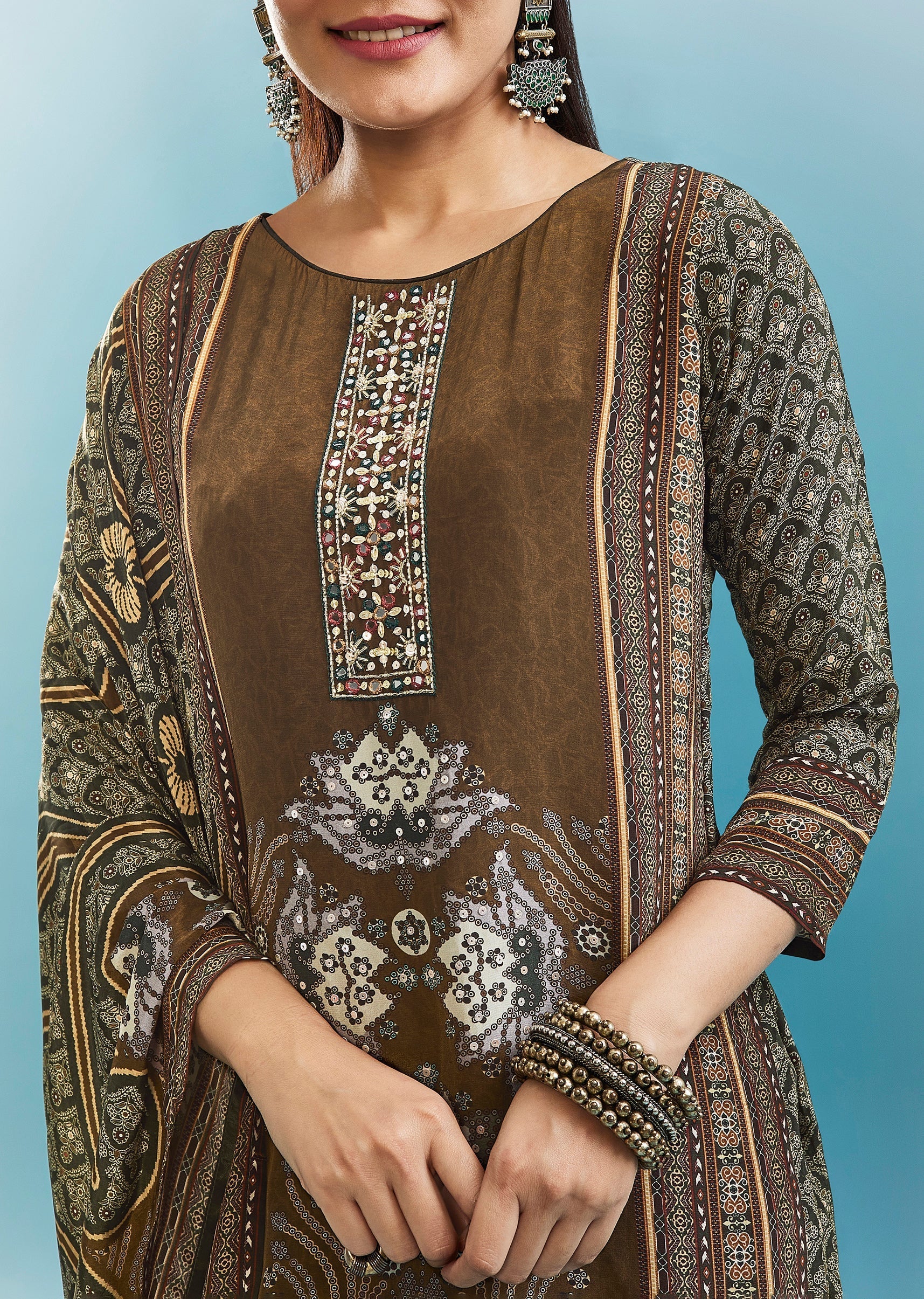 Brown Printed Kurta Set With Mirror Detailing