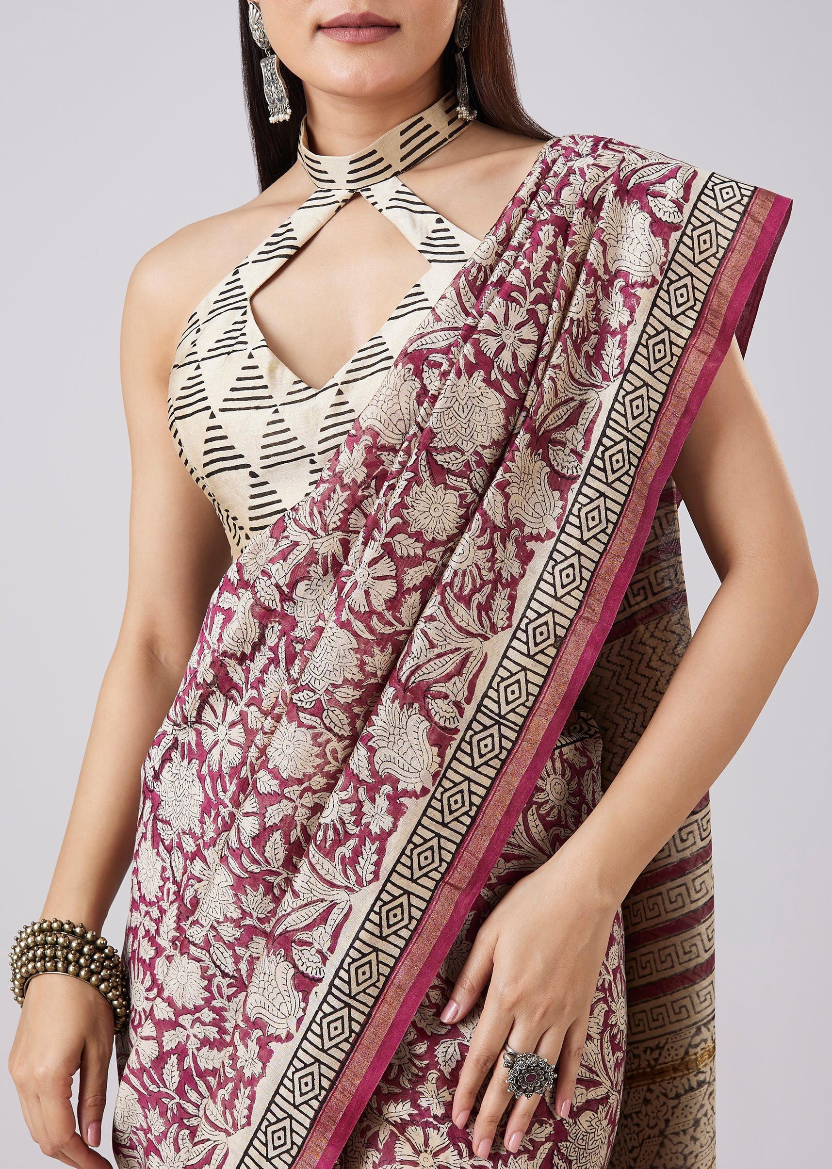 Brown Saree with Hand Painted Motifs and Blouse
