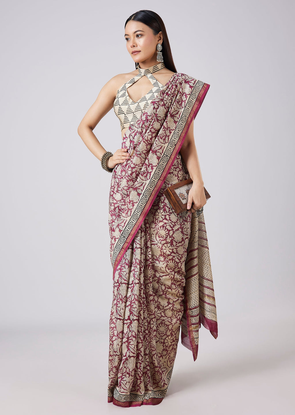 Brown Saree with Hand Painted Motifs and Blouse