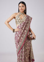 Brown Saree with Hand Painted Motifs and Blouse