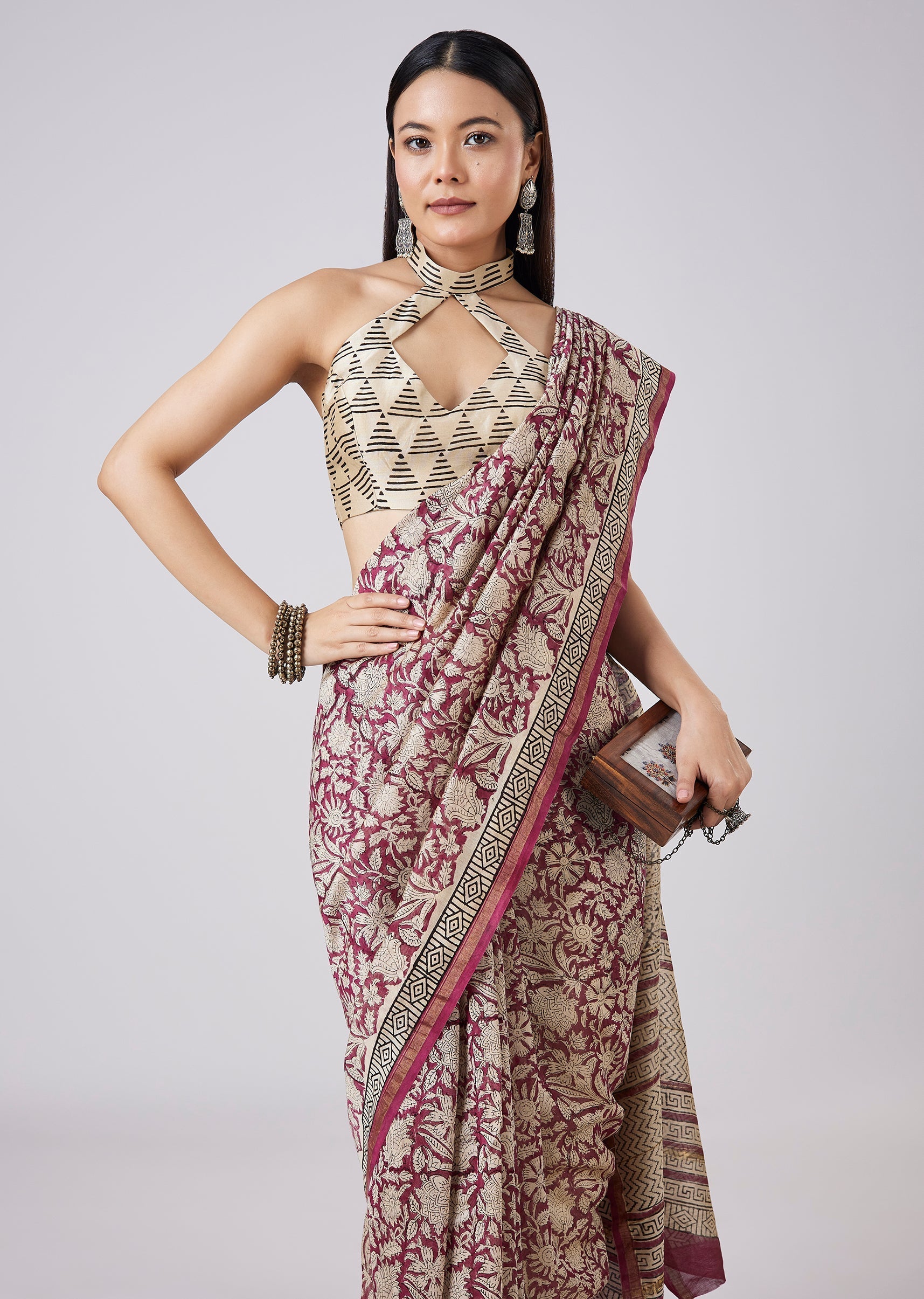 Brown Saree with Hand Painted Motifs and Blouse
