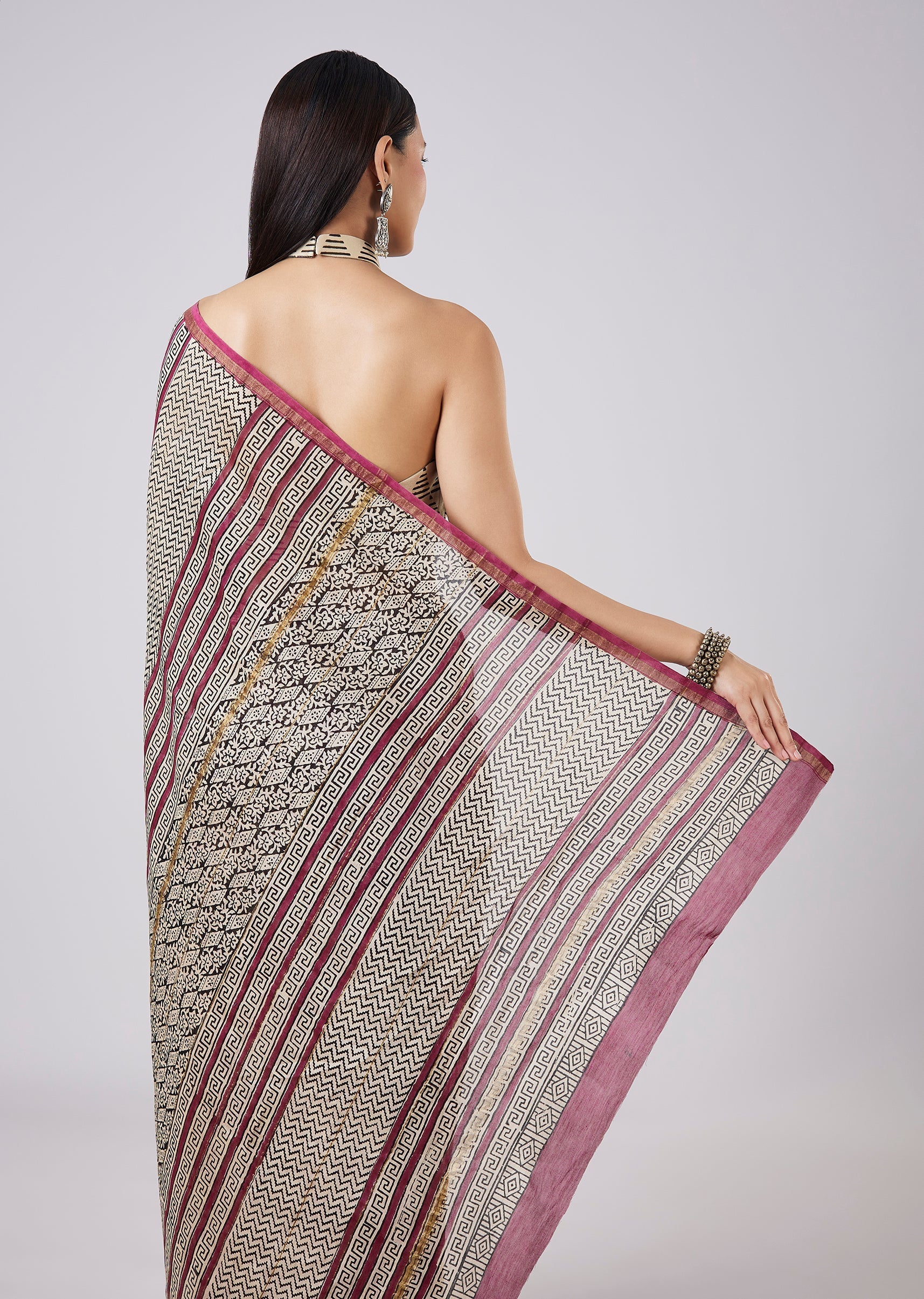 Brown Saree with Hand Painted Motifs and Blouse