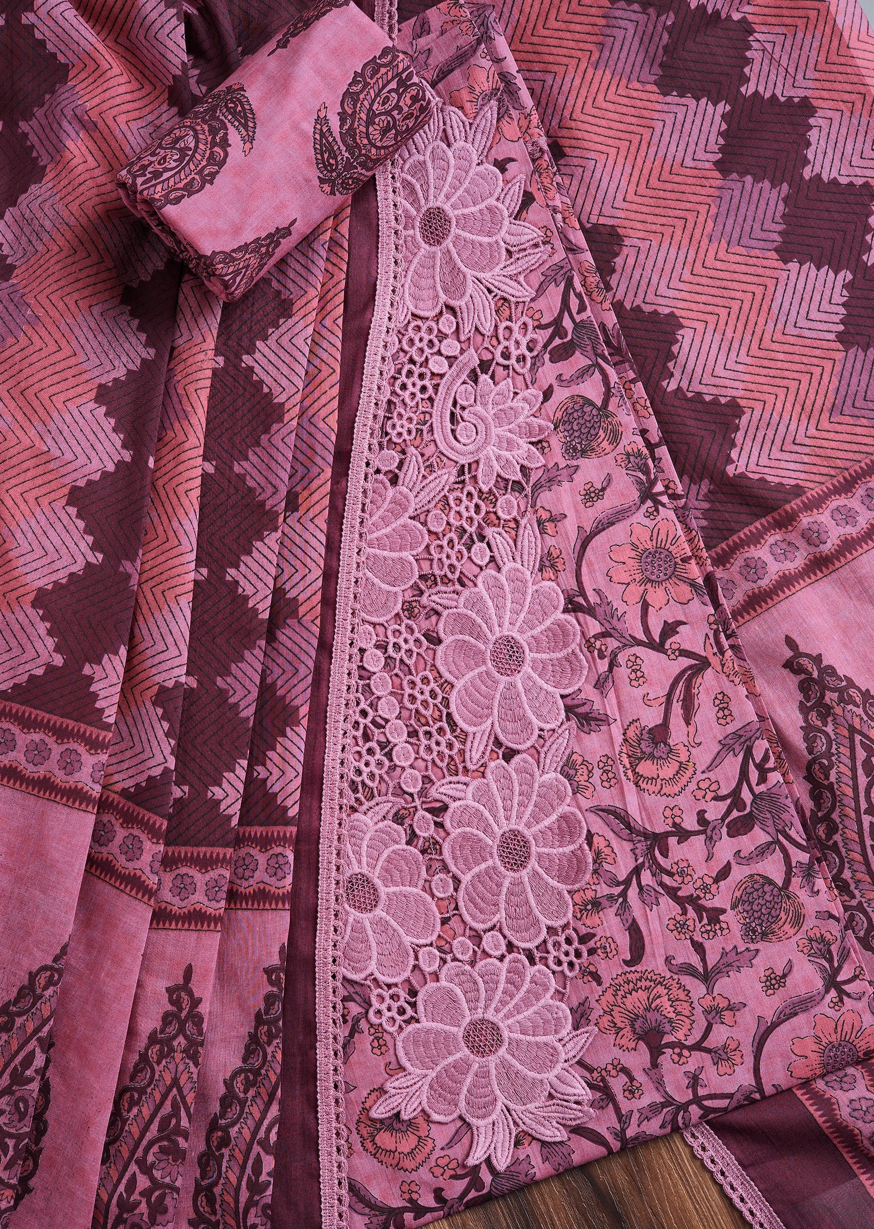 Candy Pink Cotton Printed Unstitched Suit Set