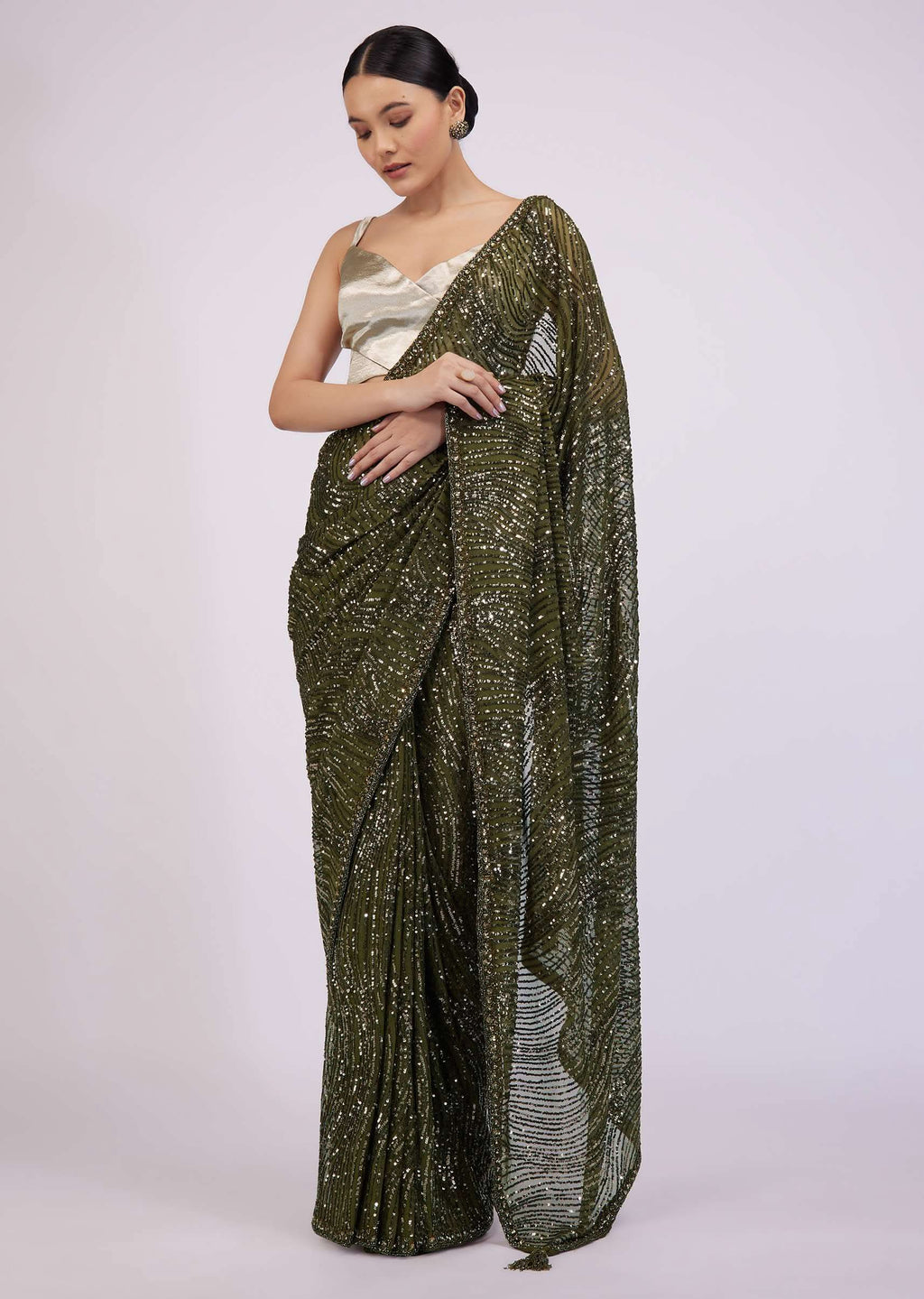 Army Green Saree In Sequins And Organza With Detailed Embroidery