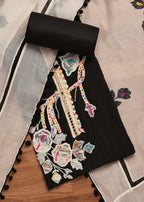 Classic Black And White Cotton Printed Unstitched Suit With Dupatta