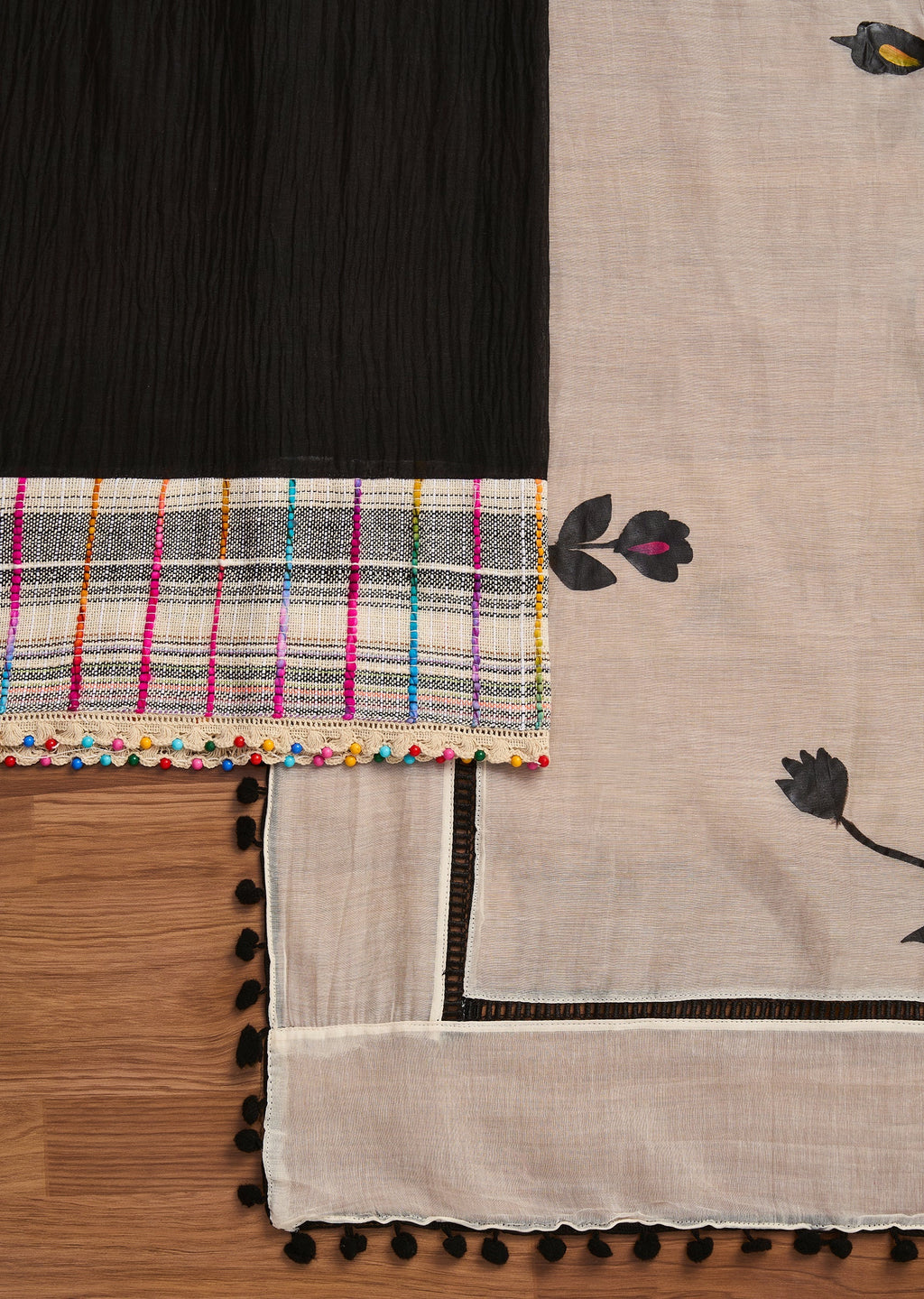 Classic Black And White Cotton Printed Unstitched Suit With Dupatta