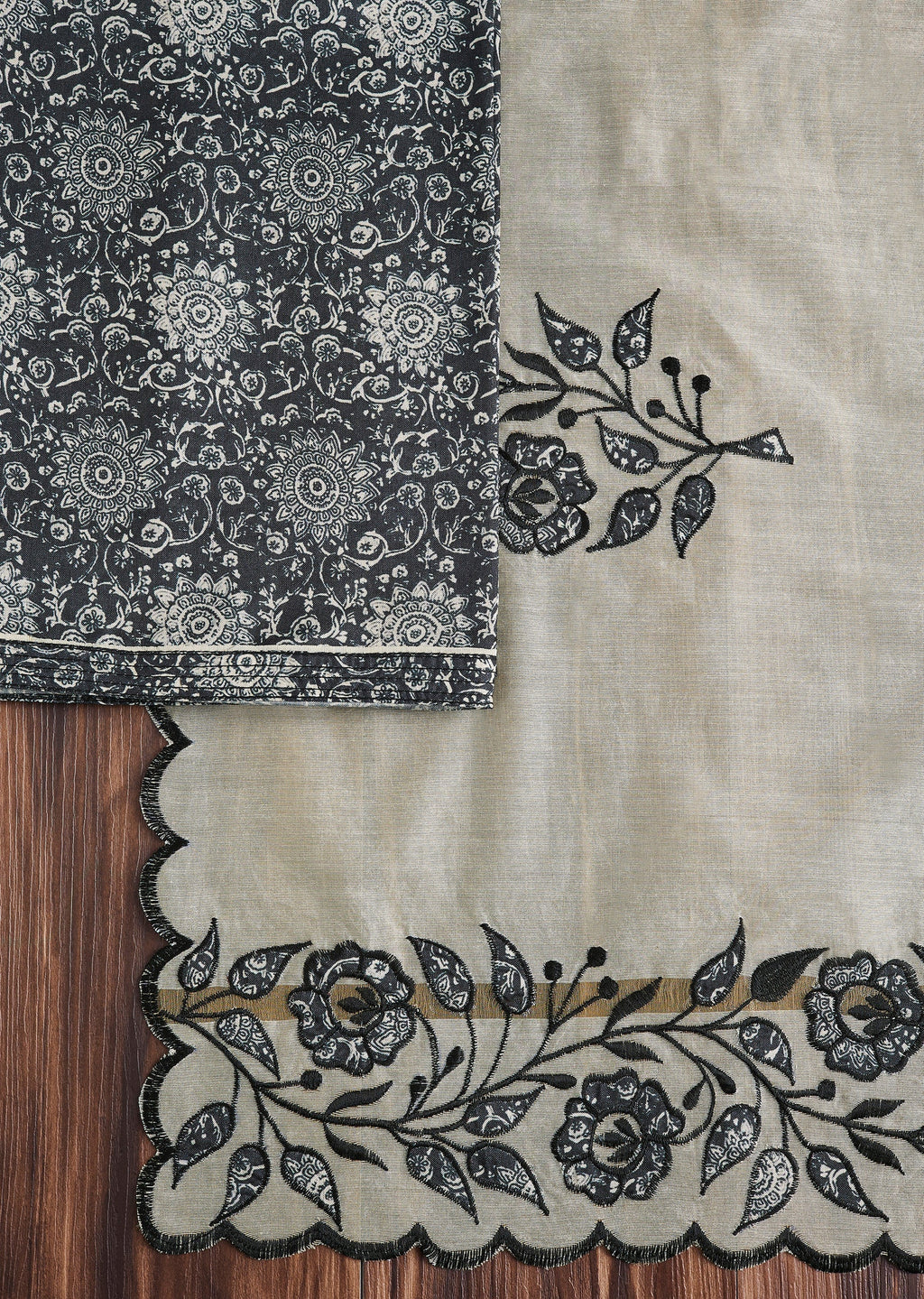 Classic Black Cotton Printed Unstitched Suit Set