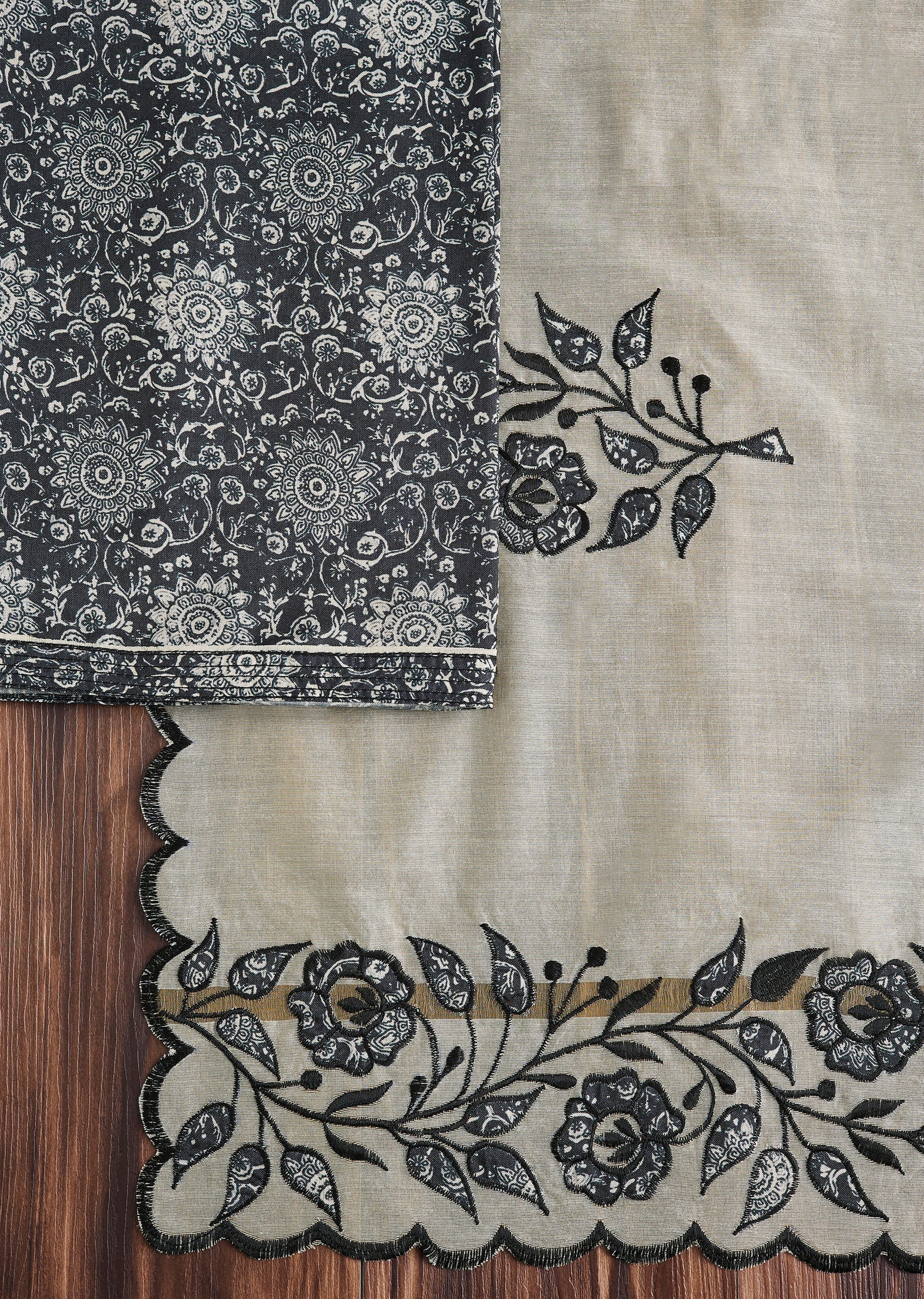 Classic Black Cotton Printed Unstitched Suit Set