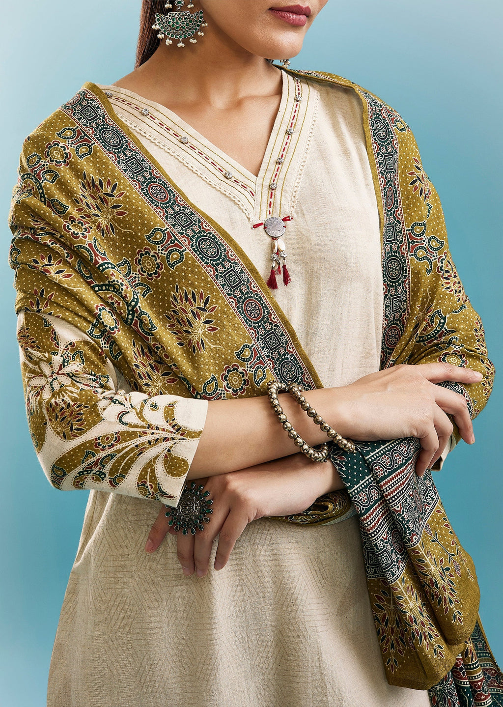 Cream And Mustard Block Print Kurta Set
