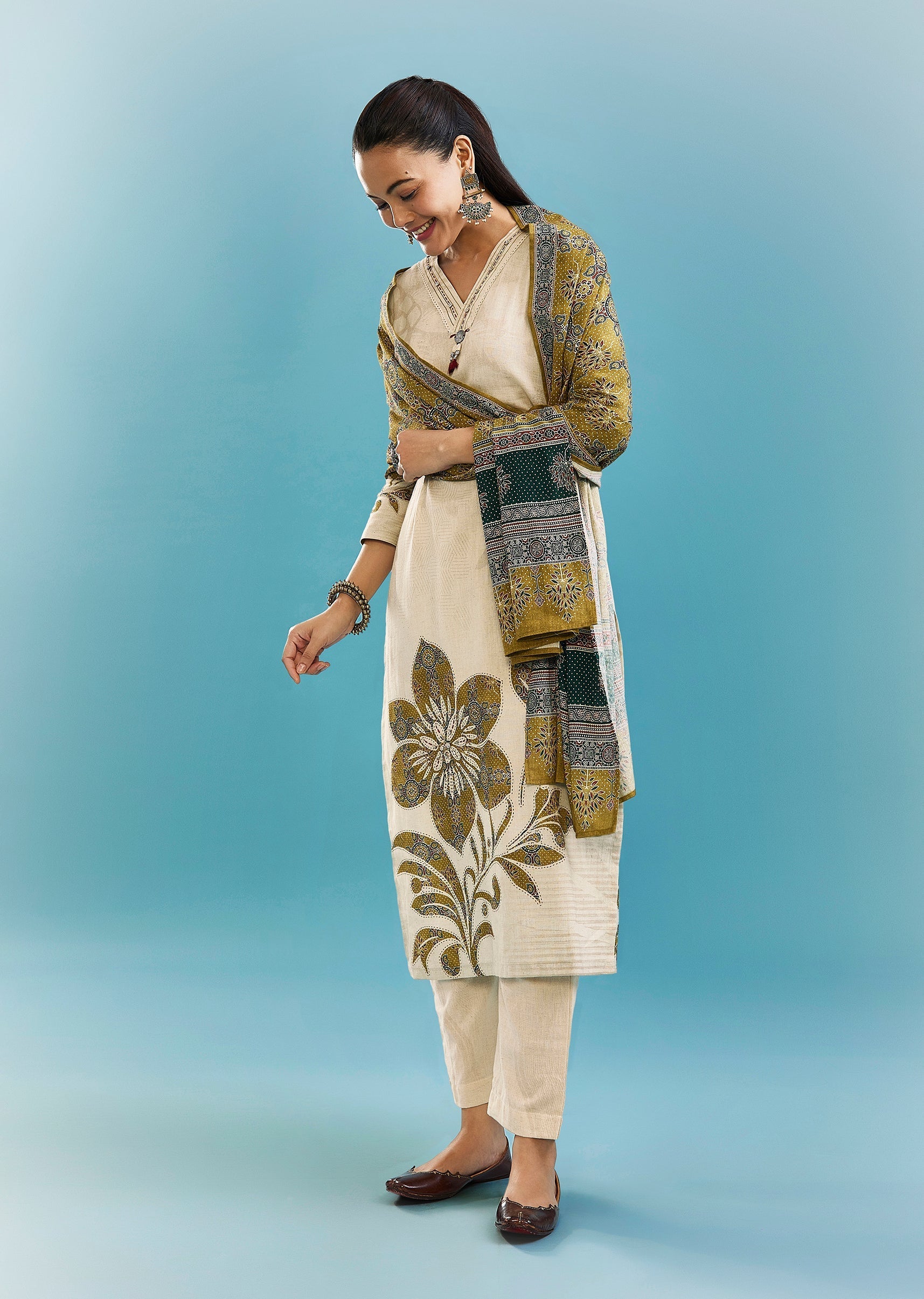 Cream And Mustard Block Print Kurta Set