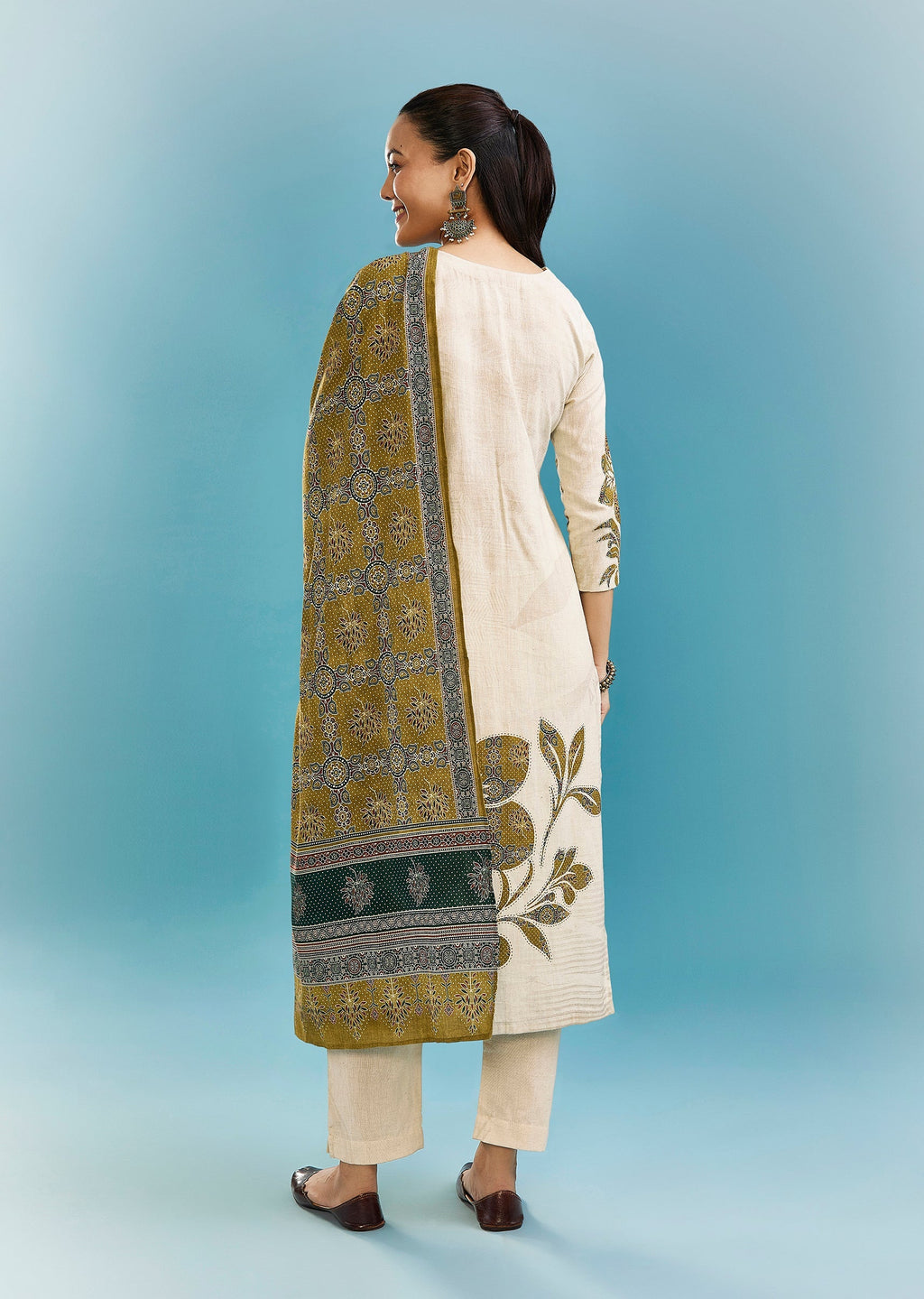 Cream And Mustard Block Print Kurta Set