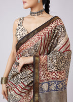 Cream Block Print Motif Saree with Unstitched Blouse