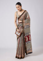 Cream Block Print Motif Saree with Unstitched Blouse