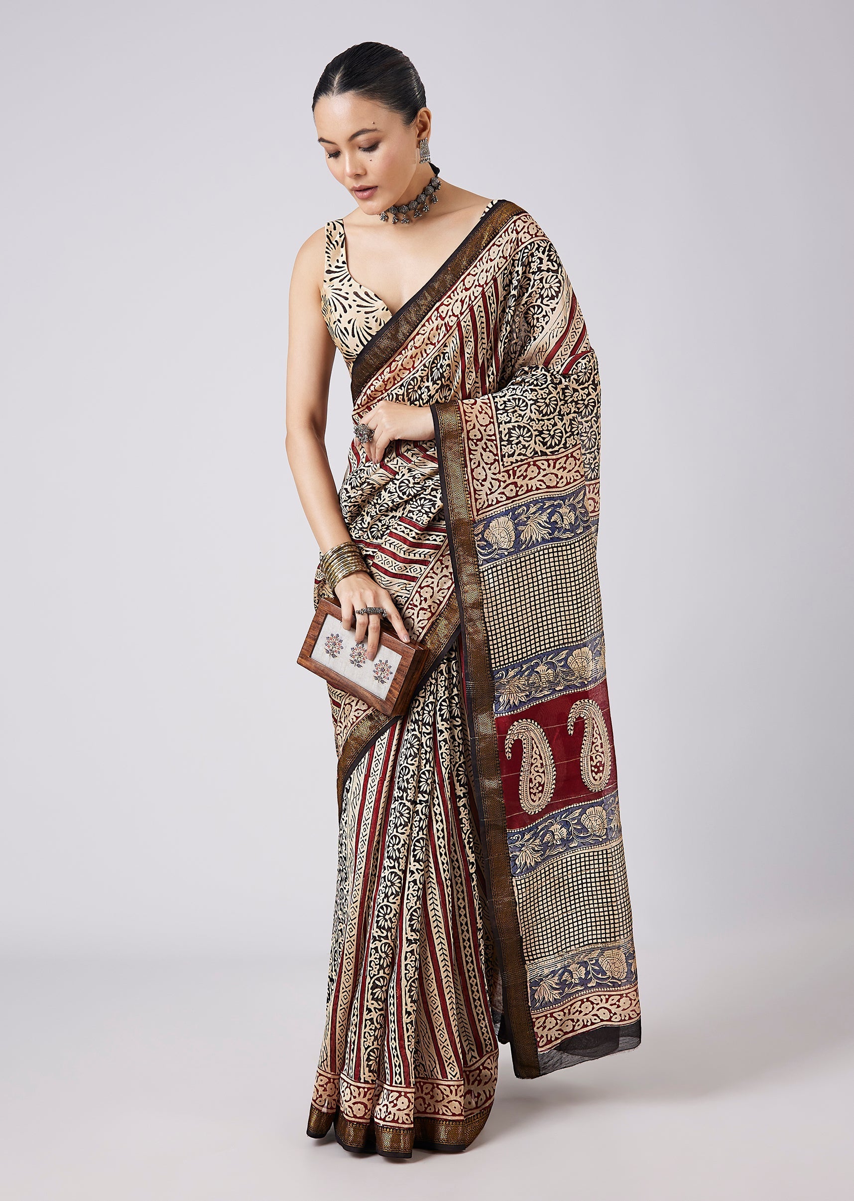 Cream Block Print Motif Saree with Unstitched Blouse