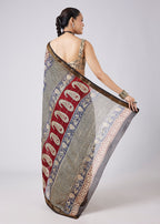 Cream Block Print Motif Saree with Unstitched Blouse