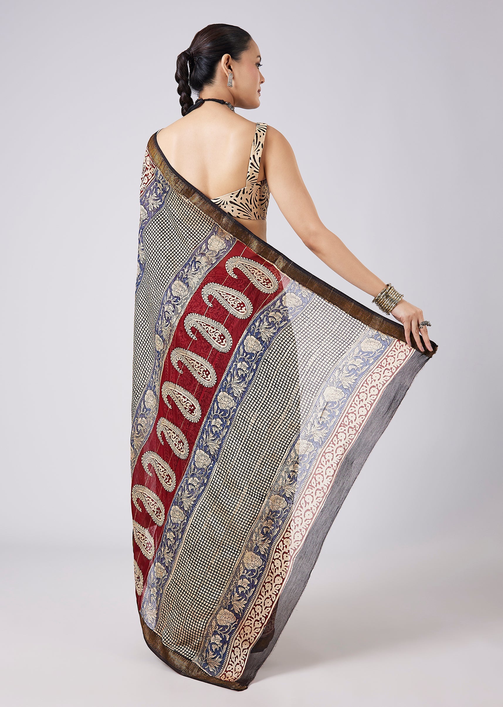 Cream Block Print Motif Saree with Unstitched Blouse
