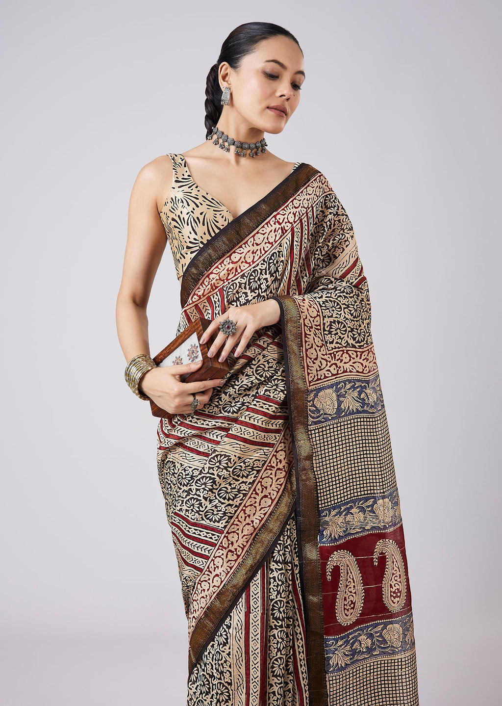 Cream Block Print Motif Saree with Unstitched Blouse
