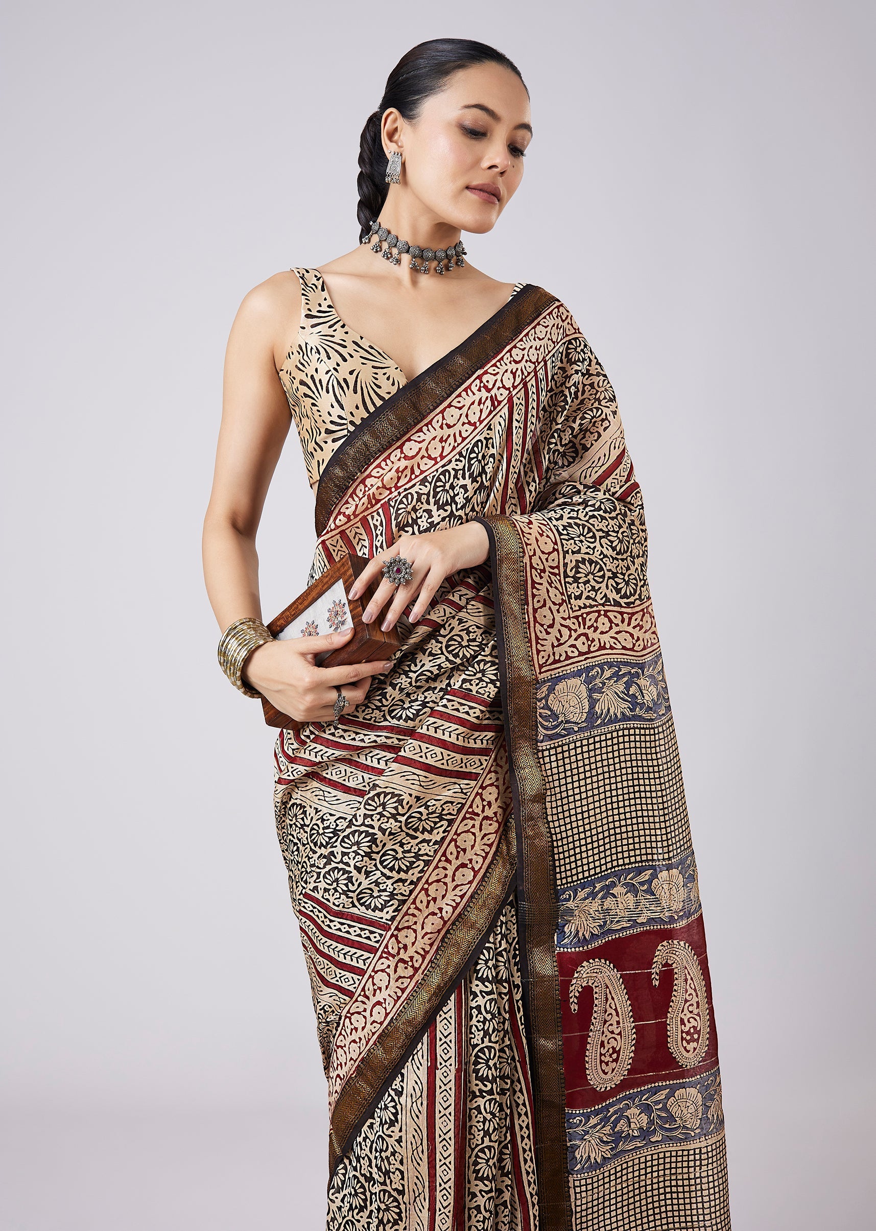 Cream Block Print Motif Saree with Unstitched Blouse