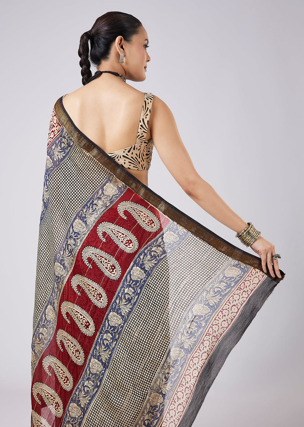 Cream Block Print Motif Saree with Unstitched Blouse