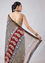 Cream Block Print Motif Saree with Unstitched Blouse