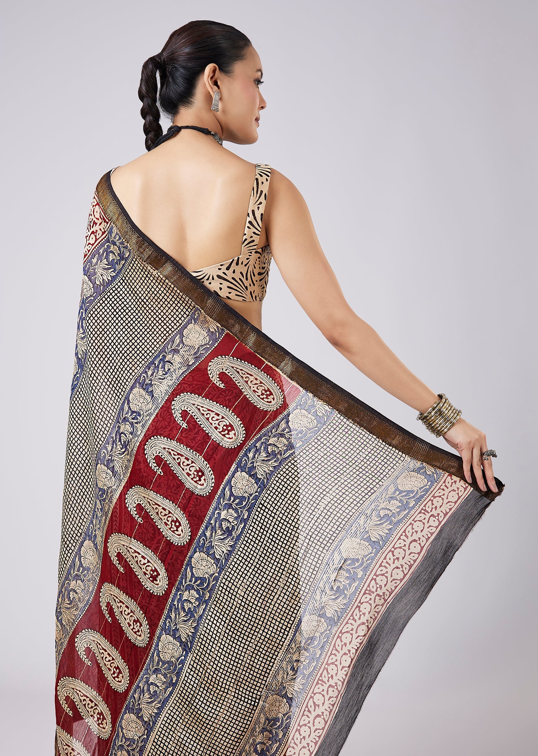 Cream Block Print Motif Saree with Unstitched Blouse