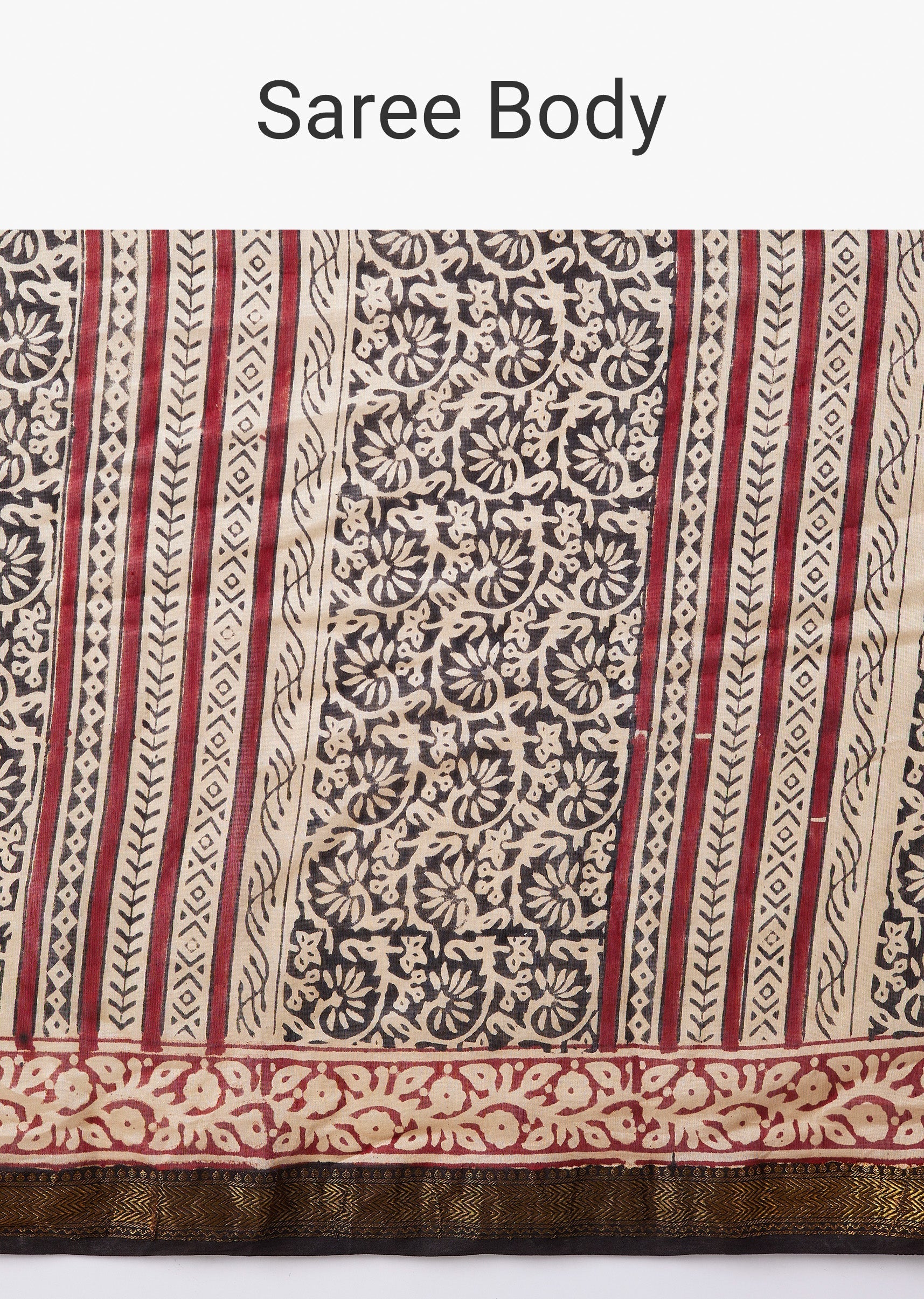 Cream Block Print Motif Saree with Unstitched Blouse