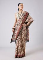 Cream Block Print Saree with Unstitched Blouse
